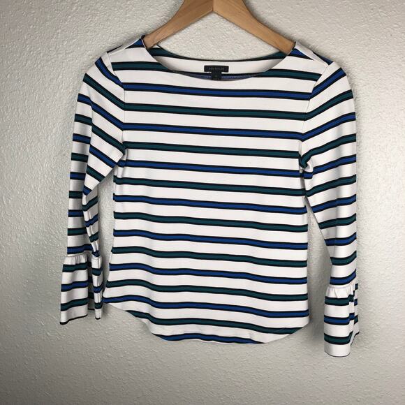 Ann Taylor Black Blue White Green Striped Flounce Sleeve Boat Neck Top Shirt XS - Picture 2 of 6
